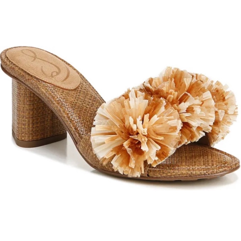 Sam Edelman Beige Raffia Pom-Pom Block Heel Sandal